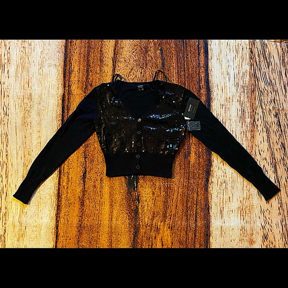 NWT Nicole Miller Black Sequin Button Front Summer Sweater - Picture 1 of 11